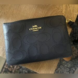 Coach Navy Perforated Signature Zip Wallet with Gold Hardware